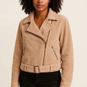 POL Women's  Corduroy Moto Jacket Beige Zip Front Belted Waist, Size Large